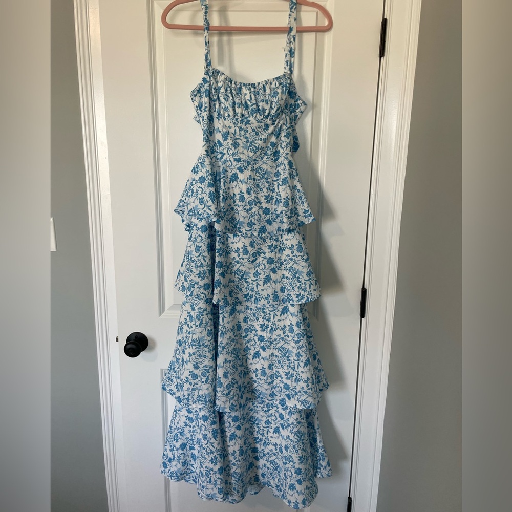 Blue and White Floral Tiered Dress